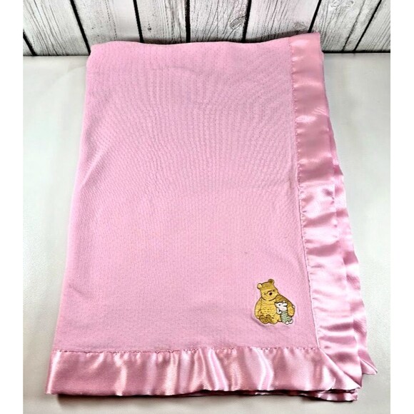 HTF  Disney Store Classic Pooh And Piglet Embroidered Pink Satin Baby Blanket - Picture 2 of 7